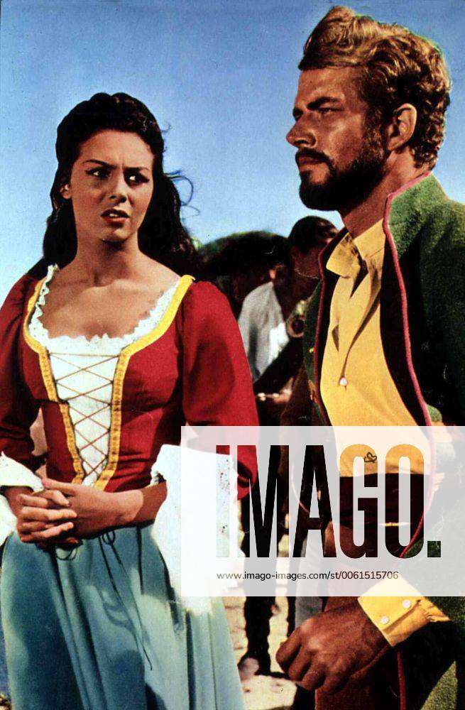 Michele Mercier, Richard Harrison In letzter Sekunde wird David (Richard Harrison) vom Piratenkapitaen Van Artz gerettet. Er verliebt sich in dessen Tochter Jennifer (Michele Mercier). 1961 UnitedArchives01347309