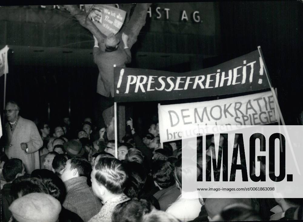 Oct. 10, 1962 - In Berlin: Demonstration Freedom for the press.: Some hundred demonstrates made in Westberlin a Demonstration against the Spiegel Action and for freedom for the press , The placards say: Democratic needs the Spiegel , Come on Strauss the John Birch Society needs you and so on. - ZUMAk09