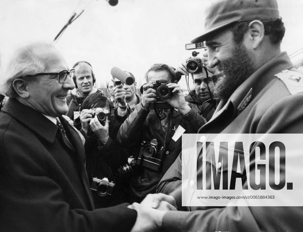 Apr 02, 1977 - Berlin, Germany - A Cuban revolutionary leader who led his country from January 1959 until his retirement in February 2008, FIDEL CASTRO transformed Cuba into the first communist state in the Western Hemisphere. Although the US has tried hard to get rid of him, President Castro outlasted no fewer than nine American presidents since he took power in 1959. He has remained Cuba s dictatorial ruler for so long that nearly three-quarters of its people have known no other leader. PICTURED: A German Communist politician ERICH HONECKER greeting FIDEL CASTRO on Berlin airport. Berlin Germany - ZUMAk09