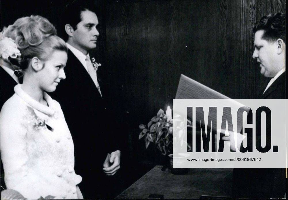Dec. 29, 1964 - Heidi Bruhl and Brett Halsey married on December 28 by Starnberg mayor Dr. Rudolf Widmann(right). The 22 year old German actress, singer, and recent musical star is the third wife for the 31 year old American, who has made a name for himself in Wild West films. - ZUMAk09