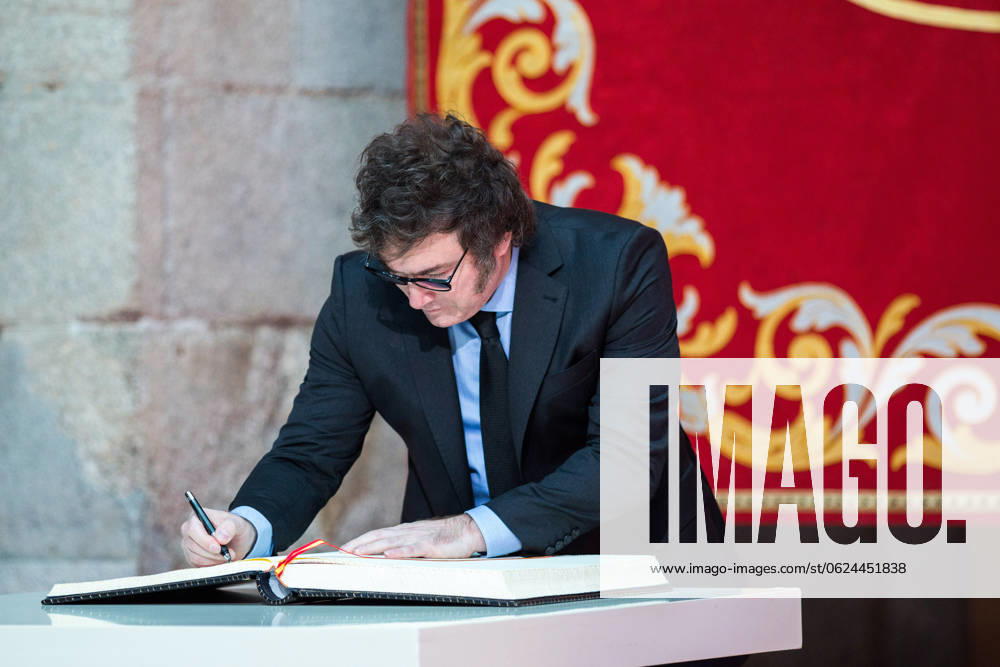 Javier Milei president of Argentina visits Madrid, Spain - 21 Jun 2024 Javier Milei, president of Argentina, signs the book of honor of Madrid, at the Real Casa de Correos, during the ceremony to award the International Medal of the Community of Madrid, in the center of the capital. The Argentine president Javier Milei traveled to Spain personally to receive the International medal from the Community of Madrid and receive the award from the Juan de Mariana association at the Freedom Dinner . Madrid Spain