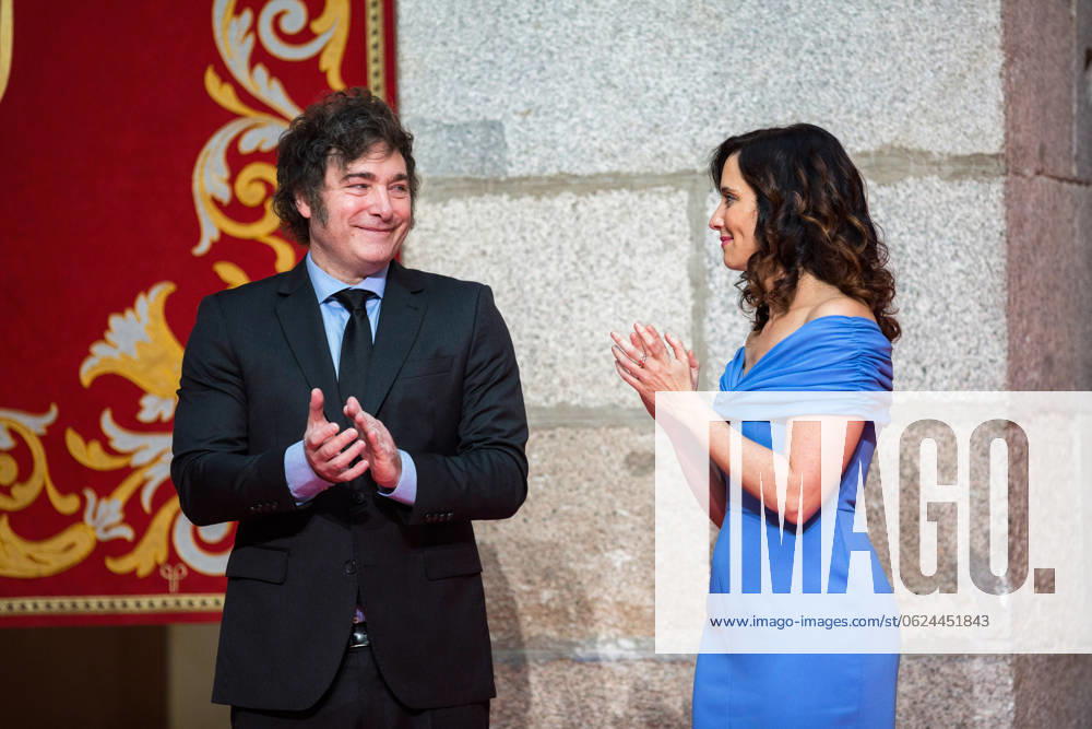 Javier Milei president of Argentina visits Madrid, Spain - 21 Jun 2024 Javier Milei, president of Argentina, together with Isabel Diaz Ayuso, president of the Community of Madrid, applaud, at the Real Casa de Correos, during the award ceremony for the International Medal of the Community of Madrid, in the center of the capital. The Argentine president Javier Milei traveled to Spain personally to receive the International medal from the Community of Madrid and receive the award from the Juan de Mariana association at the Freedom Dinner . Madrid Spain