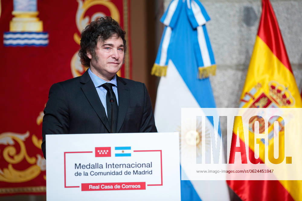 Javier Milei president of Argentina visits Madrid, Spain - 21 Jun 2024 Javier Milei, president of Argentina at the Real Casa de Correos, during the award ceremony for the International Medal of the Community of Madrid, in the center of the capital. The Argentine president Javier Milei traveled to Spain personally to receive the International medal from the Community of Madrid and receive the award from the Juan de Mariana association at the Freedom Dinner . Madrid Spain