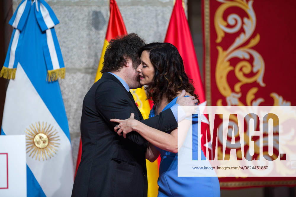 Javier Milei president of Argentina visits Madrid, Spain - 21 Jun 2024 Javier Milei, president of Argentina, greets Isabel Diaz Ayuso, president of the Community of Madrid, at the Real Casa de Correos, during the award ceremony for the International Medal of the Community of Madrid, in the center of the capital. The Argentine president Javier Milei traveled to Spain personally to receive the International medal from the Community of Madrid and receive the award from the Juan de Mariana association at the Freedom Dinner . Madrid Spain