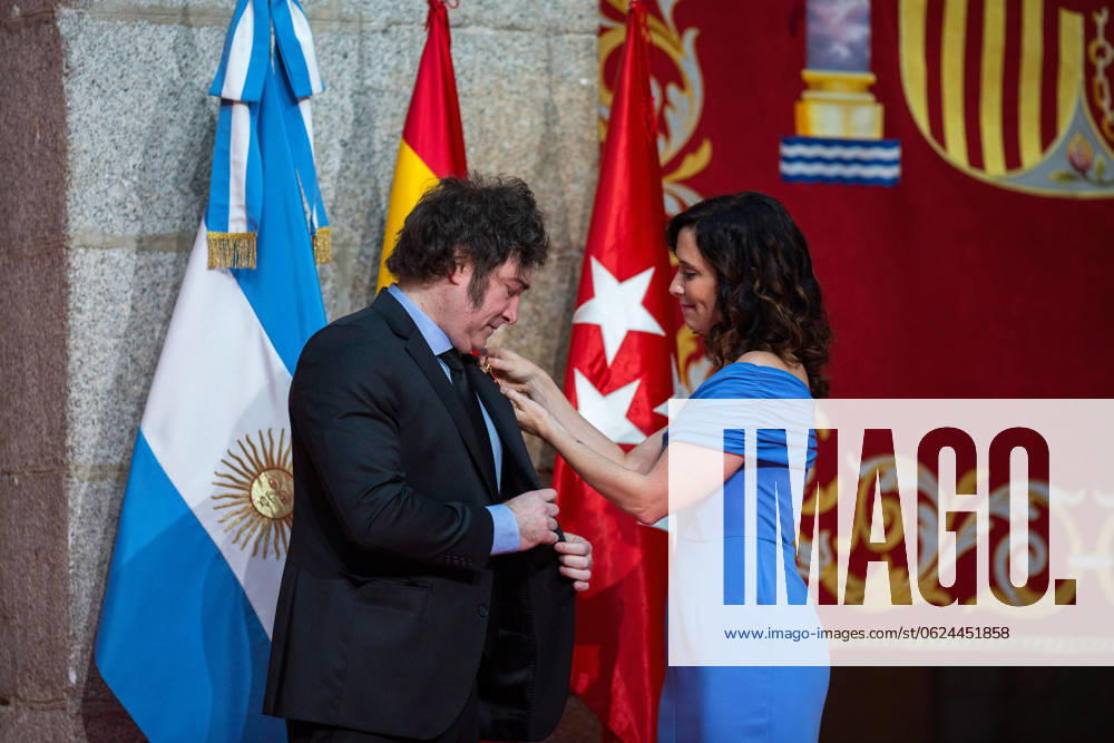 Javier Milei president of Argentina visits Madrid, Spain - 21 Jun 2024 Javier Milei, president of Argentina, receives the medal from Isabel Diaz Ayuso, president of the Community of Madrid, at the Real Casa de Correos, during the award ceremony for the International Medal of the Community of Madrid, in the center of the capital. The Argentine president Javier Milei traveled to Spain personally to receive the International medal from the Community of Madrid and receive the award from the Juan de Mariana association at the Freedom Dinner . Madrid Spain