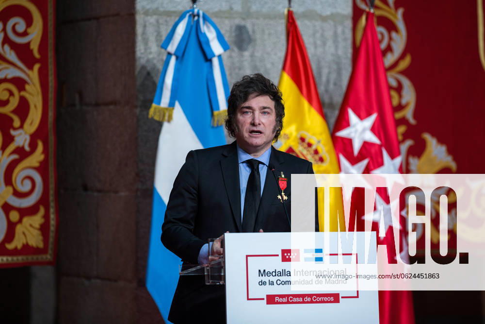Javier Milei president of Argentina visits Madrid, Spain - 21 Jun 2024 Javier Milei, president of Argentina, speaks to the public after receiving the decoration at the Real Casa de Correos, during the award ceremony for the International Medal of the Community of Madrid, in the center of the capital. The Argentine president Javier Milei traveled to Spain personally to receive the International medal from the Community of Madrid and receive the award from the Juan de Mariana association at the Freedom Dinner . Madrid Spain