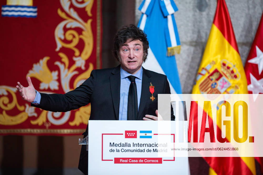 Javier Milei president of Argentina visits Madrid, Spain - 21 Jun 2024 Javier Milei, president of Argentina, speaks to the public after receiving the decoration at the Real Casa de Correos, during the award ceremony for the International Medal of the Community of Madrid, in the center of the capital. The Argentine president Javier Milei traveled to Spain personally to receive the International medal from the Community of Madrid and receive the award from the Juan de Mariana association at the Freedom Dinner . Madrid Spain