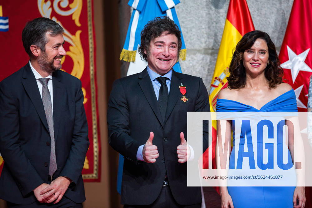 Javier Milei president of Argentina visits Madrid, Spain - 21 Jun 2024 Javier Milei (C), president of Argentina, gestures with his hands after completing the event at the Real Casa de Correos, where he received the International Medal of the Community of Madrid, in the center of the capital. The Argentine president Javier Milei traveled to Spain personally to receive the International medal from the Community of Madrid and receive the award from the Juan de Mariana association at the Freedom Dinner . Madrid Spain