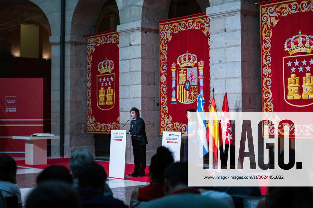 Javier Milei president of Argentina visits Madrid, Spain - 21 Jun 2024 Javier Milei, president of Argentina, speaks to the public after receiving the decoration at the Real Casa de Correos, during the award ceremony for the International Medal of the Community of Madrid, in the center of the capital. The Argentine president Javier Milei traveled to Spain personally to receive the International medal from the Community of Madrid and receive the award from the Juan de Mariana association at the Freedom Dinner . Madrid Spain