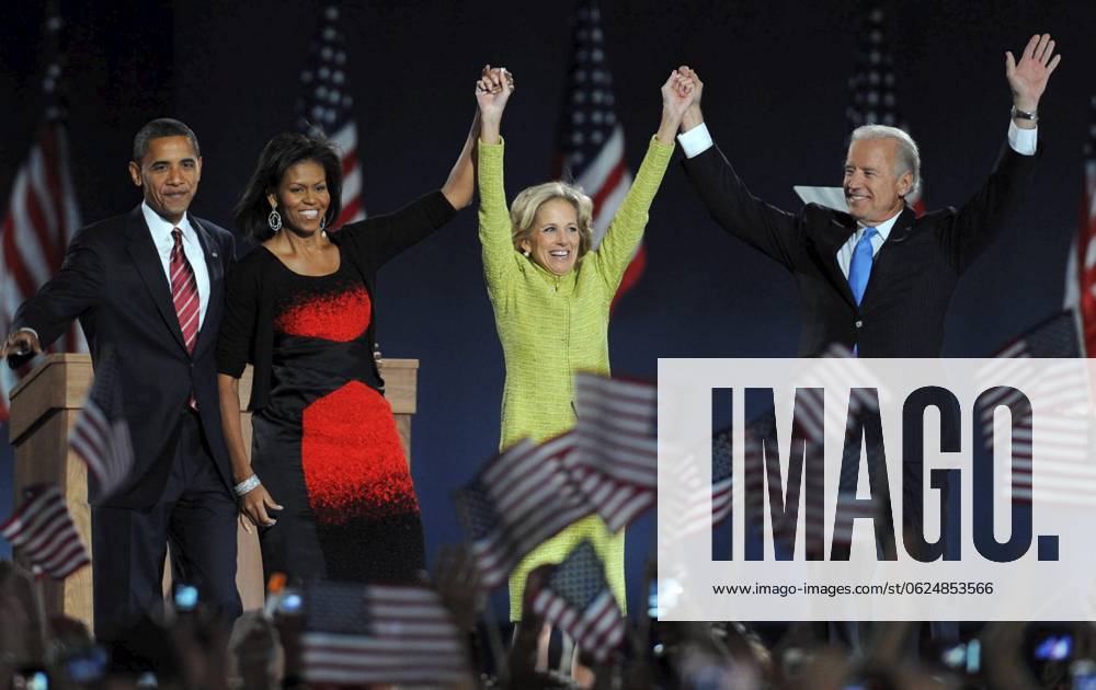 Election Victory Party American President Elect Barack Obama and his wife Michelle stand on stage with Vice President Elect Joe Biden and his wife Jill during their election night victory rally at Grant Park on November 4, 2008 in Chicago, Illinois. Picture by Dennis Van Tine,