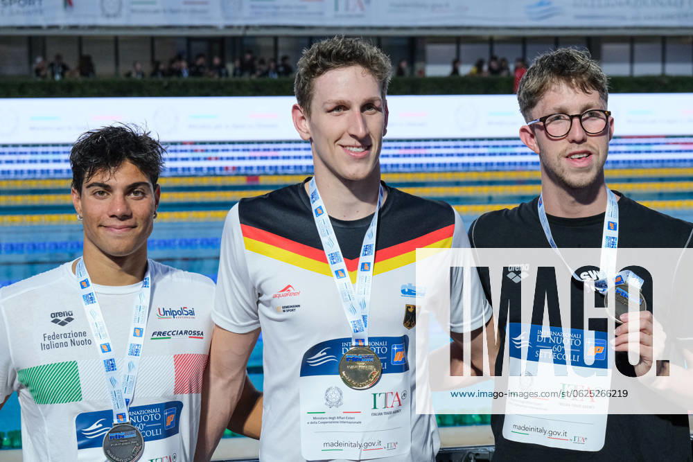 Podium of the day 2 at the swimming internationals of the 60th Settecolli Trophy in Rome, Italy - 22 Jun 2024 First place for Lukas Maertens of Germay (C). On the second Luca De Tullio of Italy (L) while on the third Daniel Wiffen of Irland (R). Podium of Men 800m Freestyle during the second day at the swimming internationals of the 60th Settecolli Trophy. Rome Italy