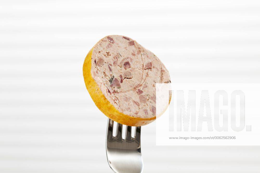Gross liver sausage on fork, close up CSF017082