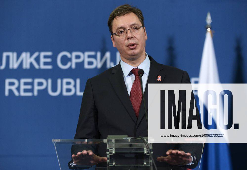 BELGRADE, SERBIA. OCTOBER 16, 2014. Serbia s prime minister Aleksandar Vucic talks to journalists following a meeting with Russia s president Vladimir Putin. Alexei Nikolsky TASS RE1520E4