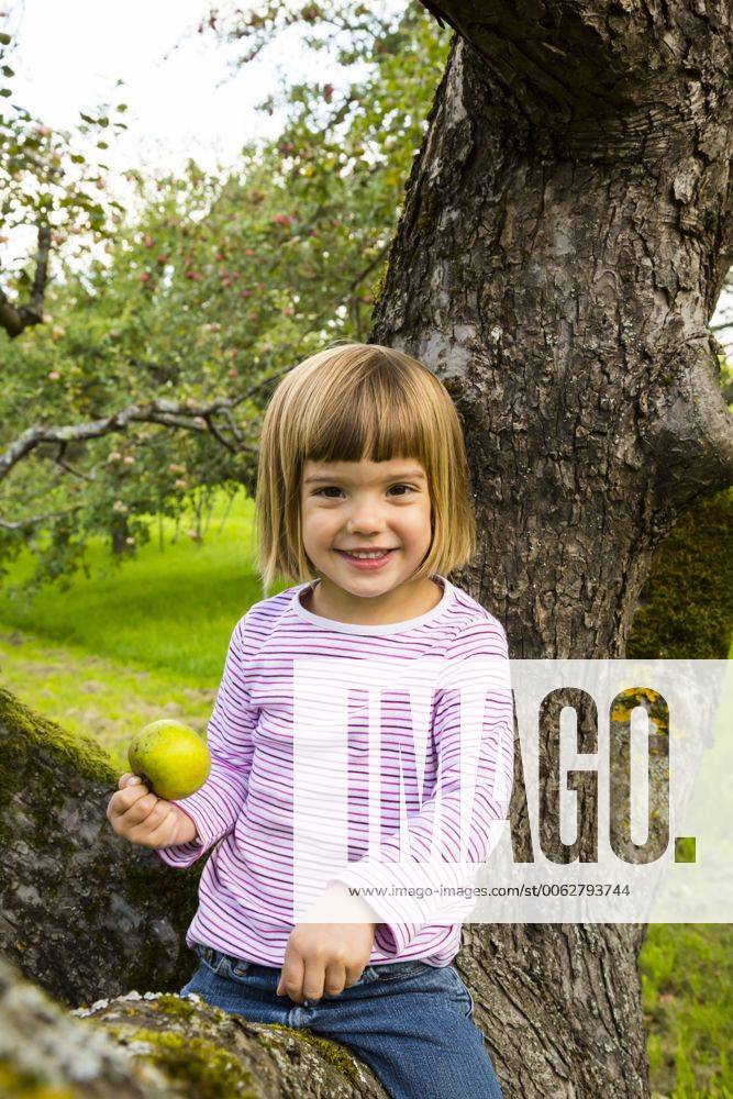 Portrait of smiling little girl with an apple sitting on an apple tree model released Symbolfoto LVF001794