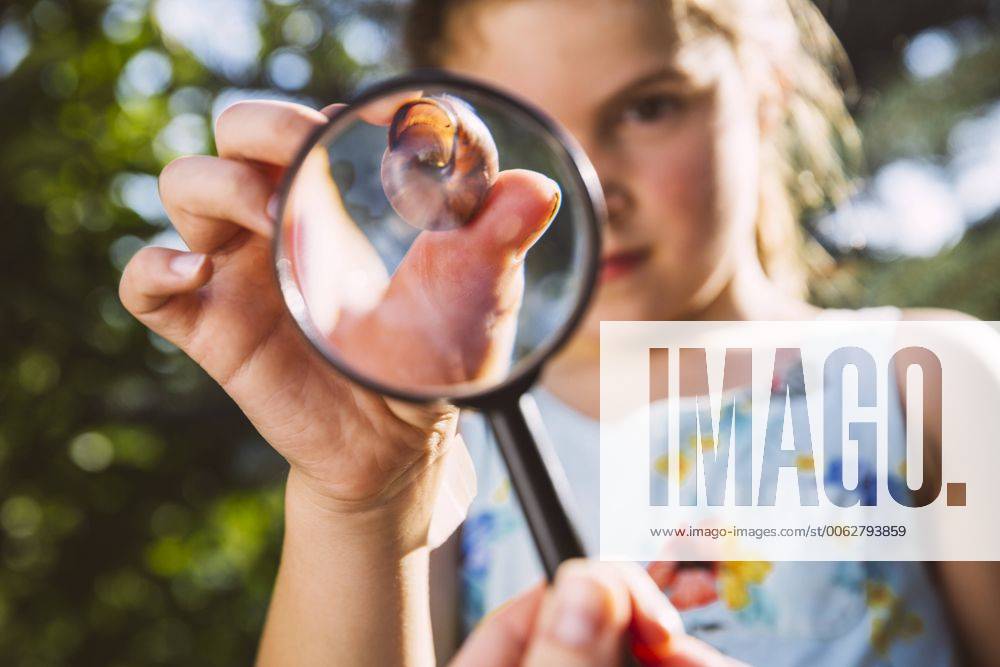 Germany, Northrhine Westphalia, Bornheim, Girl examining snail with magnifying glass model released Symbolfoto property released MFF001213