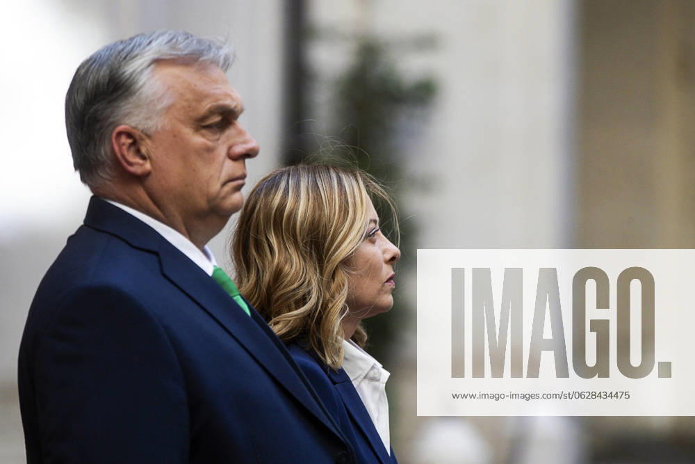 Italian Prime Minister Giorgia Meloni welcomes Hungarian Prime Minister, Viktor Orban, prior their meeting at Chigi Palace in Rome, Italy, 24 June 2024..ANSA ANGELO CARCONI Rome ITALY - ZUMAa110 20240624_zaf_a110_033