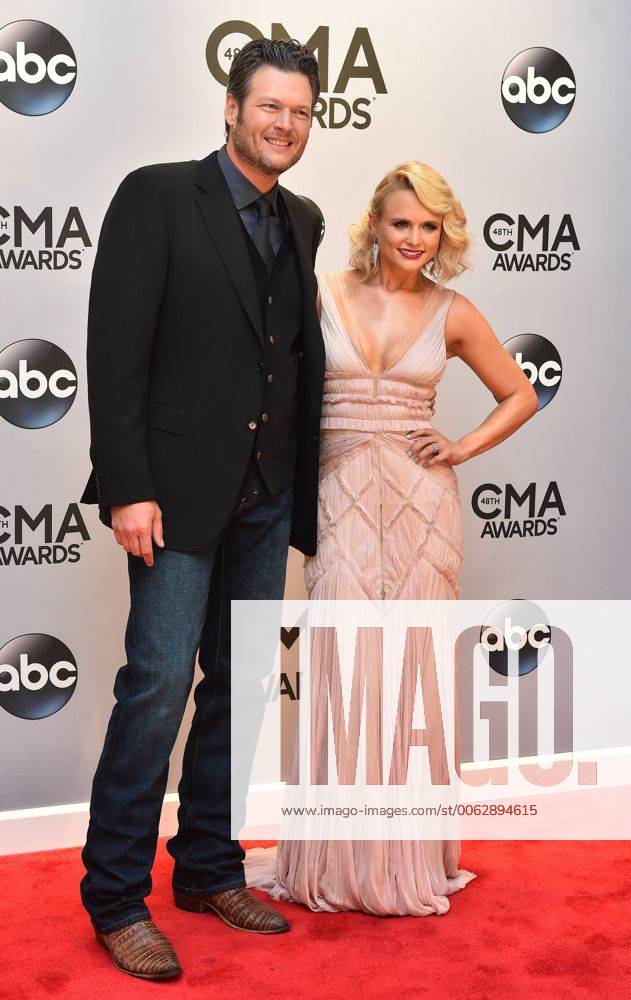 Miranda Lambert and Blake Shelton arrive on the red carpet for the 48th Annual Country Music Awards at Bridgestone Arena in Nashville on November 5, 2014. NVP20141105157