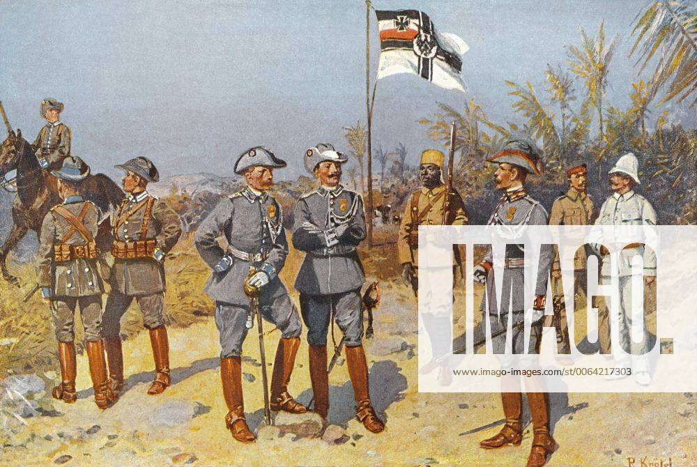 Kaiserlich deutsche Kolonialsoldaten in Deutsch-Ostafrika, 1894, historische Zeichnung