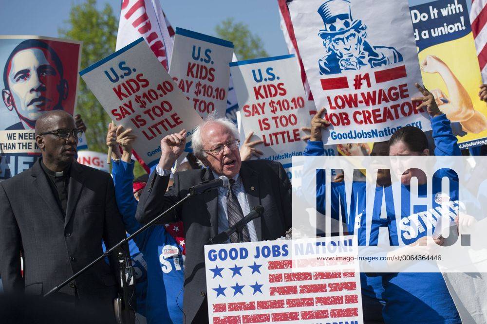 Senator Bernard Sanders (I-VT) speaks alongside protesters advocating for an increase in the minimum wage to $15 per hour, as part of a Fight for $15 rally on Capitol Hill, in Washington, D.C. on April 22, 2015. WAP20150422317 KEVINxDIETSCH
