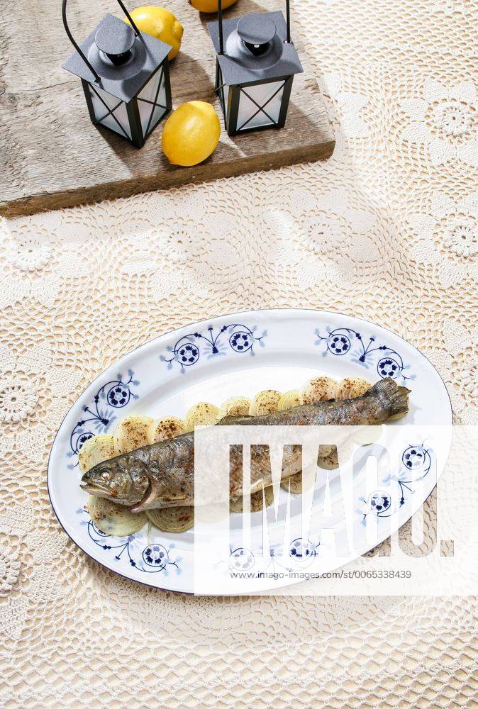 Fish plate in greek tavern. Roasted trout on onion. Fresh salads in the background, pretty beige handmade table cloth. Decorative lanterns and lemons.