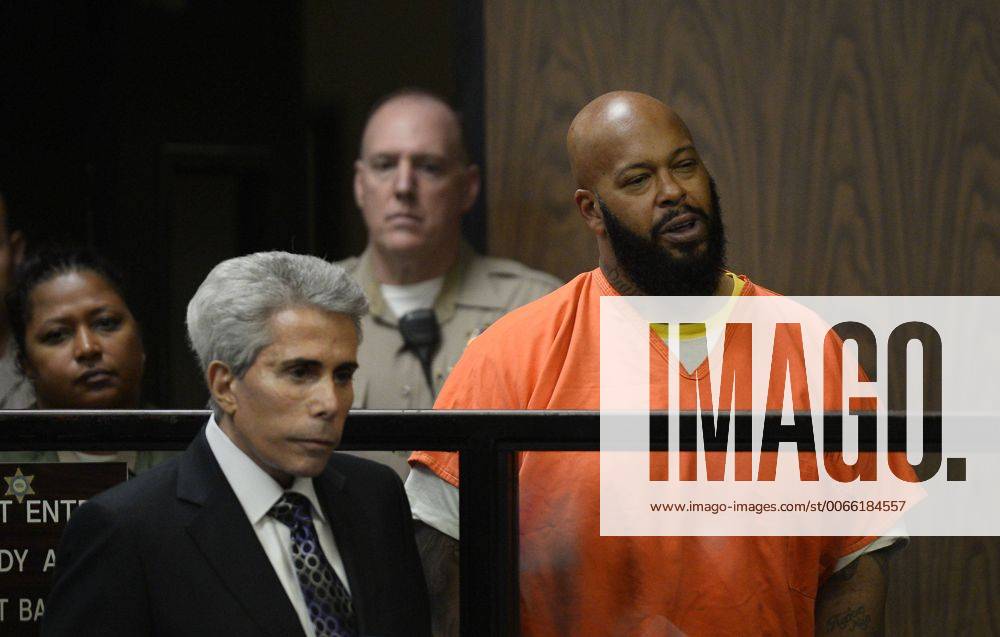 Feb. 3, 2015 - Compton, California, U.S - Marion Suge Knight, right, joined by his attorney David Kenner, left, during his arraignment, Tuesday, February 3, 2015 in Compton, California. Knight, 49, pleaded not guilty on to murder, attempted murder and other charges filed after he struck two men with his truck last week. - ZUMAp12