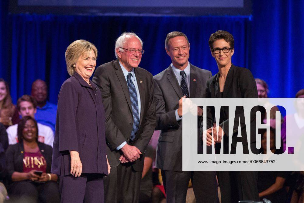 Nov. 6, 2015 - Rock Hillary Rodham Clinton, SC, United States of America - Democratic presidential candidates Hillary Rodham Clinton, Senator Bernie Sanders and former Gov. Martin O Malley stand with MSNBC host Rachel Maddow following the First in the South Candidates Forum in the Byrnes Auditorium at Winthrop University November 6, 2015 in Rock Hill, South Carolina. Rock Hillary Rodham Clinton United States of America - ZUMAe02_ USA: Forum der demokratischen Präsidentschaftskandidaten
