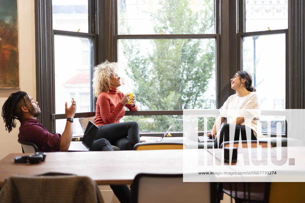Smiling creative professionals working on laptops in office model released