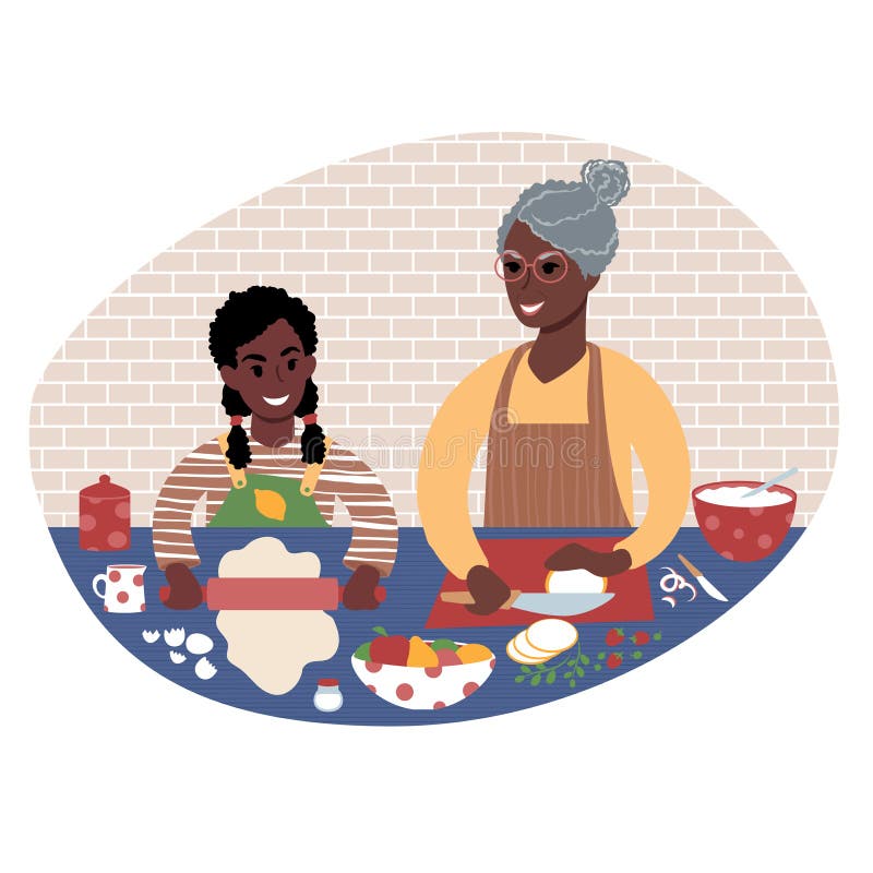 Grandmother and granddaughter preparing meal together. Flat style illustration., Senior african woman and her grandchild preparing food together. Teaching child to cook. Grandmother and granddaughter time. Flat style illustration.