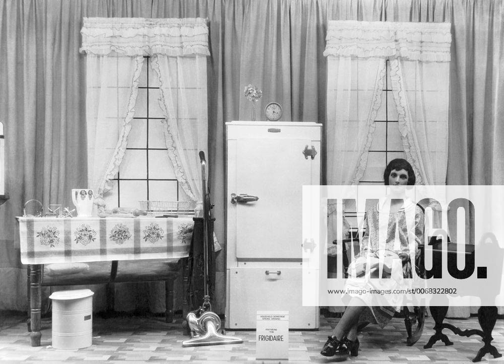 Redding, California: c. 1925. A window display by George Hauber at the McCormick-Saeltzer department store for Frigidaire refrigerators
