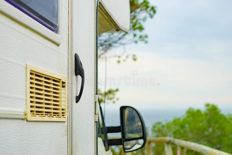 Camper car detail. Grid, ventilation plate for fridge, Camper car detail. Grid, ventilation plate for fridge. Caravan vacation