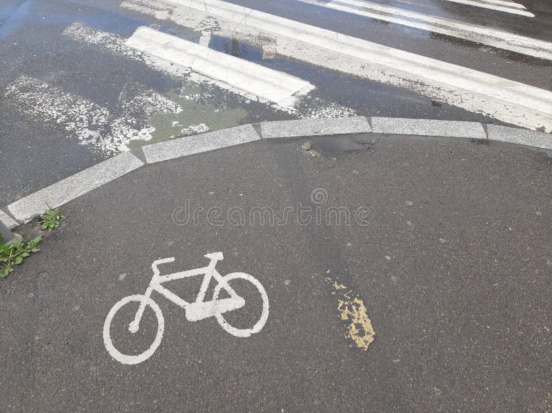 Bicycle track in Bucharest, Bucharest, Romania - May 05, 2021: Bicycle track on a sidewalk in Bucharest