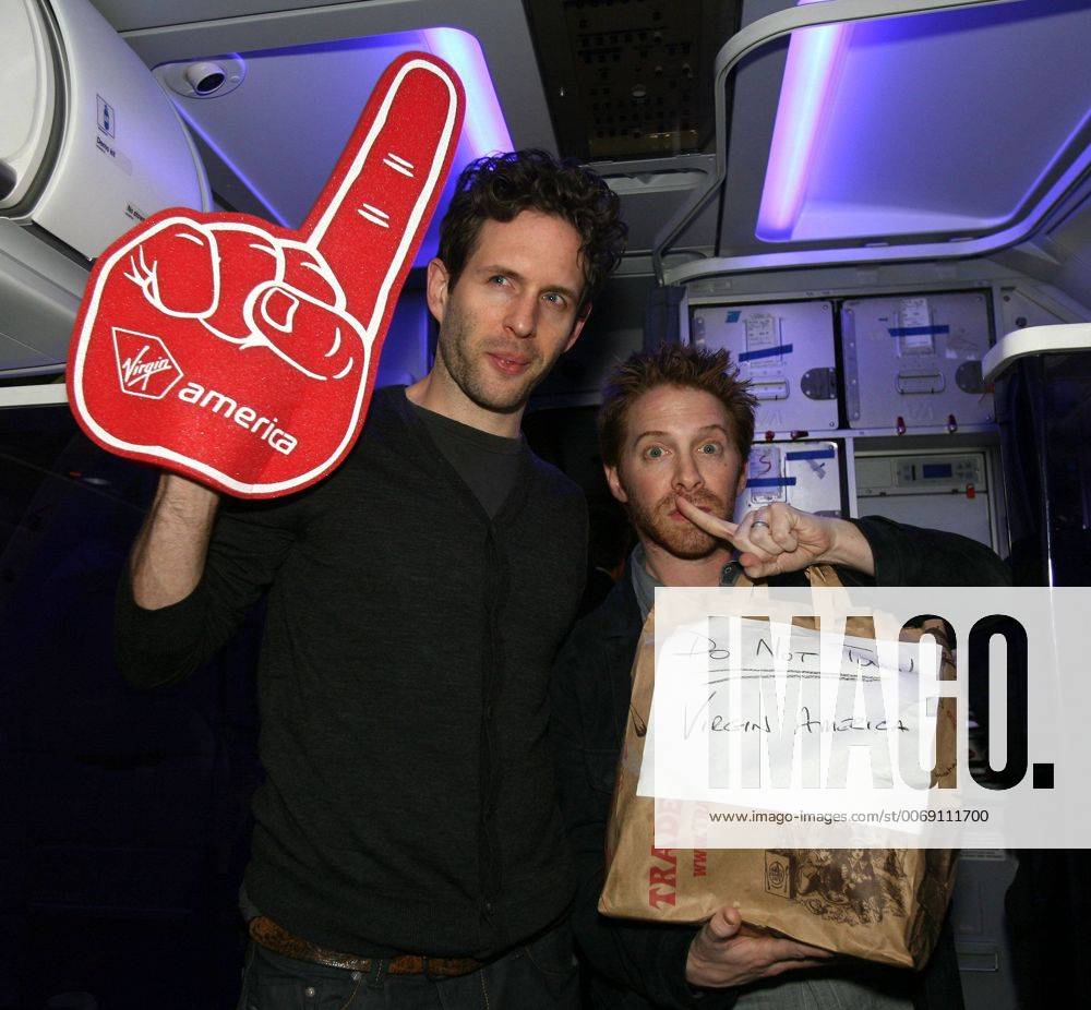 Los Angeles, California, U.S. - Actors Glenn Howerton(L) and Seth Green board the plane for the Launch of Virgin America s first flight from Los Angeles to Philadelphia at Los Angeles International Airport on Wednesday April 4, 2012. - ZUMAc68_