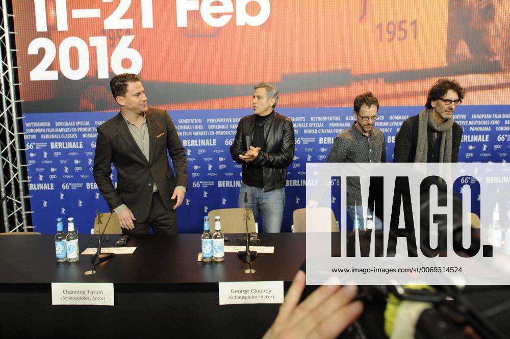 V.l.n.r.: Schauspieler Channing Tatum, Schauspieler George Clooney und die Regisseure -Joel und Ethan Coen während der Pressekonferenz zum Film -Hail, Caesar- anlässlich der 65. Internationalen Filmfestspiele Berlin 66. Internationale Filmfestspiele in Berlin IFB2016