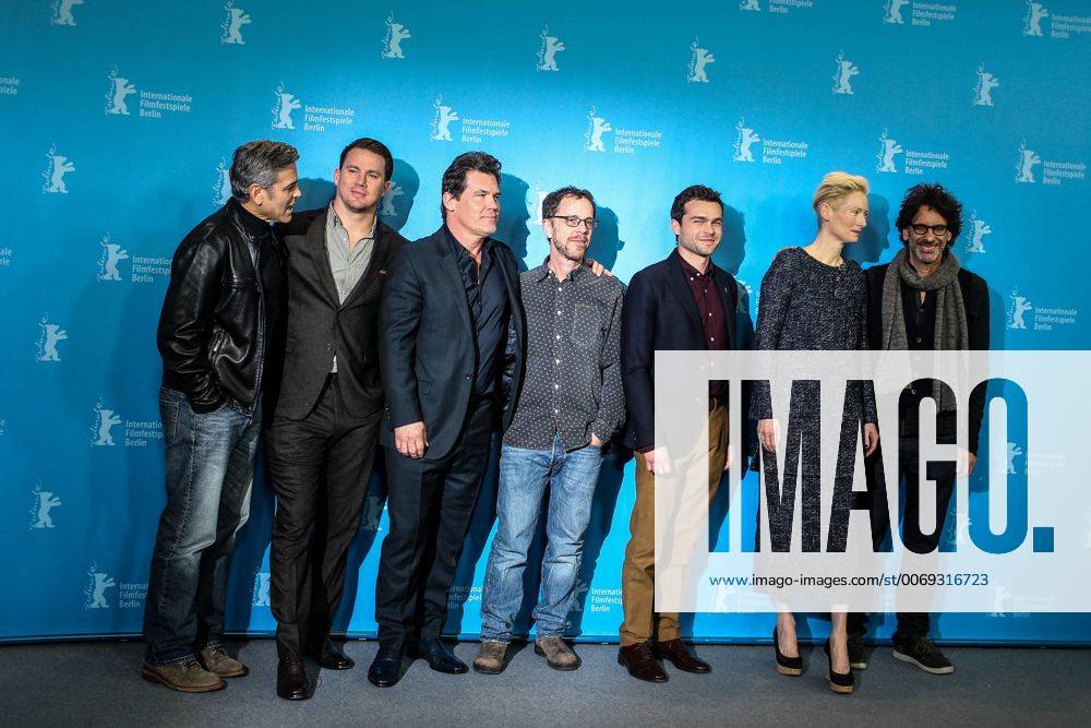 (160211) -- BERLIN, Feb. 11, 2016 -- Actors George Clooney, Channing Tatum, Josh Brolin, director Ethan Coen, actors Alden Ehrenreich, Tilda Swinton and director Joel Coen (L-R) pose during a photocall to promote the movie Hail, Caesar! at the 66th Berlinale International Film Festival in Berlin, Germany, Feb. 11, 2016. )(zcc) GERMANY-BERLIN-FILM-FESTIVAL ZhangxFan
