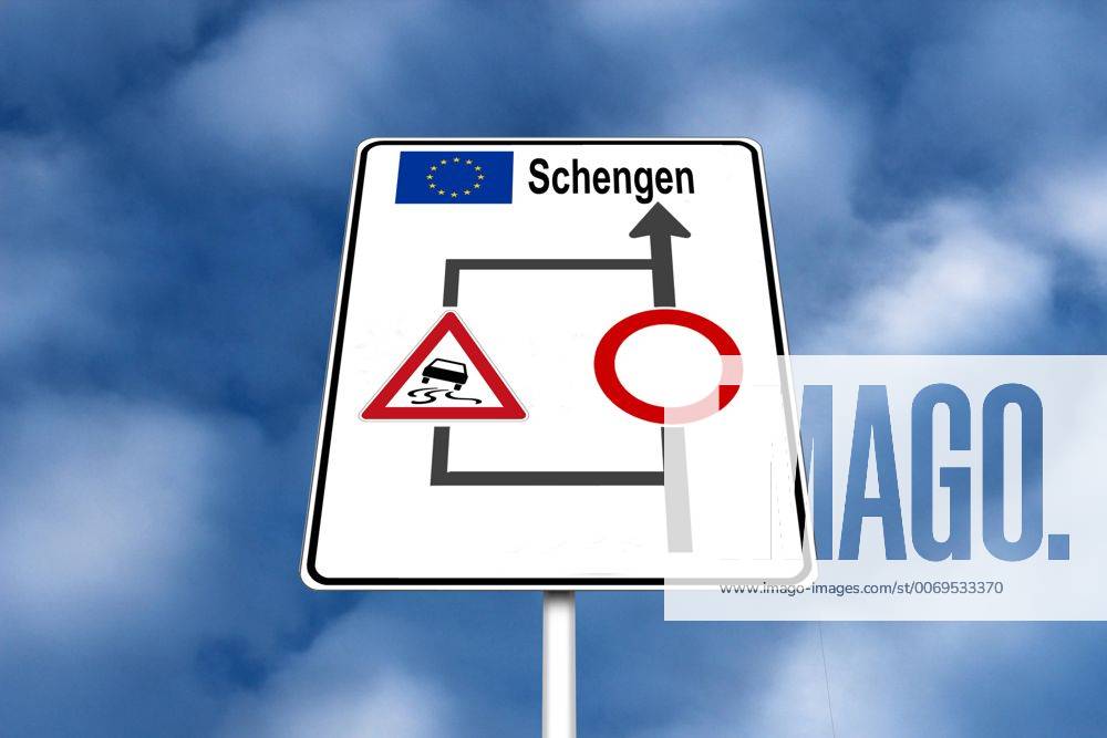 Symbolbild zur Krise in der EU Europäische n Union mit ungewisser Zukunft des Schengen Abkommens ohne Grenzkontrollen: Richtungsweiser mit Flaggen und Verkehrszeichen Achtung Schleudergefahr und Einfahrt verboten