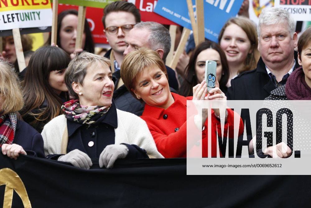 London, London, UK - London, UK. Leader of SNP Nicola Sturgeon joins members of public protesting against Britain s nuclear weapons system Trident and demanding the parliament to vote against buying a new nuclear weaponry, in central London on Saturday, 27 February 2016. London UK - ZUMAl94_