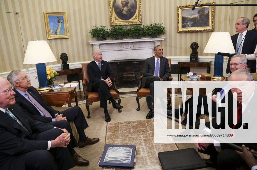 Washington, District of Columbia, United States of America - United States President Barack Obama meets with the bipartisan leaders of the US Senate and the bipartisan leaders of the US Senate Judiciary Committee to talk about the Supreme Court vacancy left by the death of Associate Justice Antonin Scalia, in the Oval Office of the White House. From left to right: US Senator Patrick Leahy (Democrat of Vermont), Ranking Member, US Senate Judiciary Committee; US Senate Minority Leader Harry Reid (Democrat of Nevada); US Vice President Joe Biden; the President; US Senate Majority Leader Mitch McConnell (Republican of Kentucky); and US Senator Chuck Grassley (Republican of Iowa), Chairman, US Senate Judiciary Committee. In what was described as a œvery short meeting, the Republicans advised Obama there would be no hearings and no vote on any nominee he submits to replac - ZUMAs152