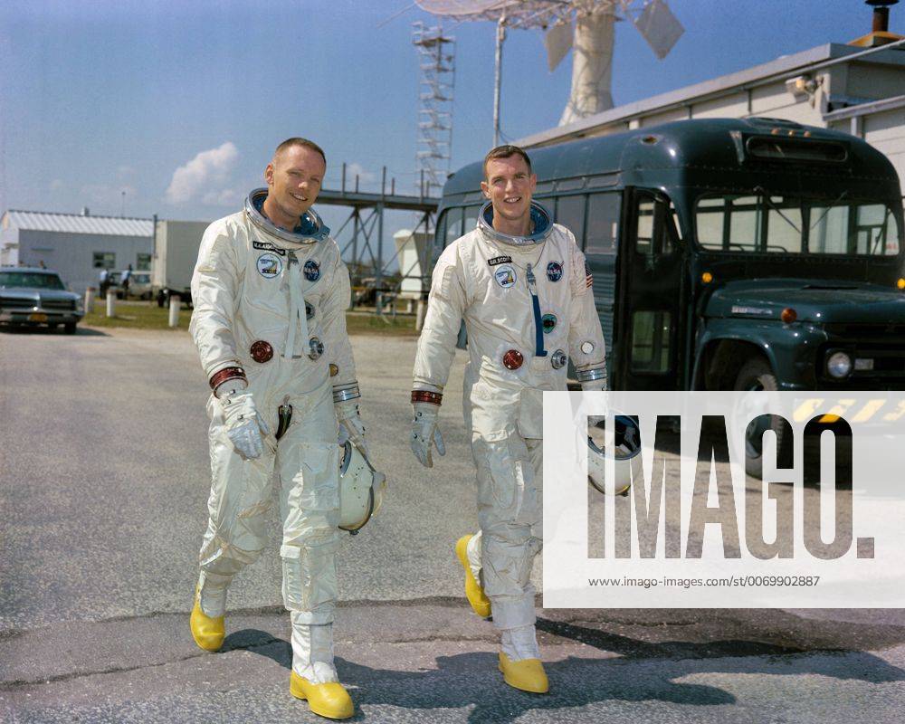 NASA astronauts Neil Armstrong (left), command pilot, and David Scott, pilot, the Gemini 8 prime crew, during a photo session outside the Kennedy Space Center (KSC) Mission Control Center on March 11, 1966. Both men are wearing full spacesuits and carrying their helmets. March 16, 2016 marks the 50th anniversary of NASA s Gemini 8 mission, the sixth manned spaceflight conducted during the United States Project Gemini program. The primary objective of the mission, the successful docking of two spacecraft in orbit, a first in spaceflight, was a success though the crew would experience a critical in-space system failure, forcing them to abandon the mission prematurely. WAX0316201601 NASA