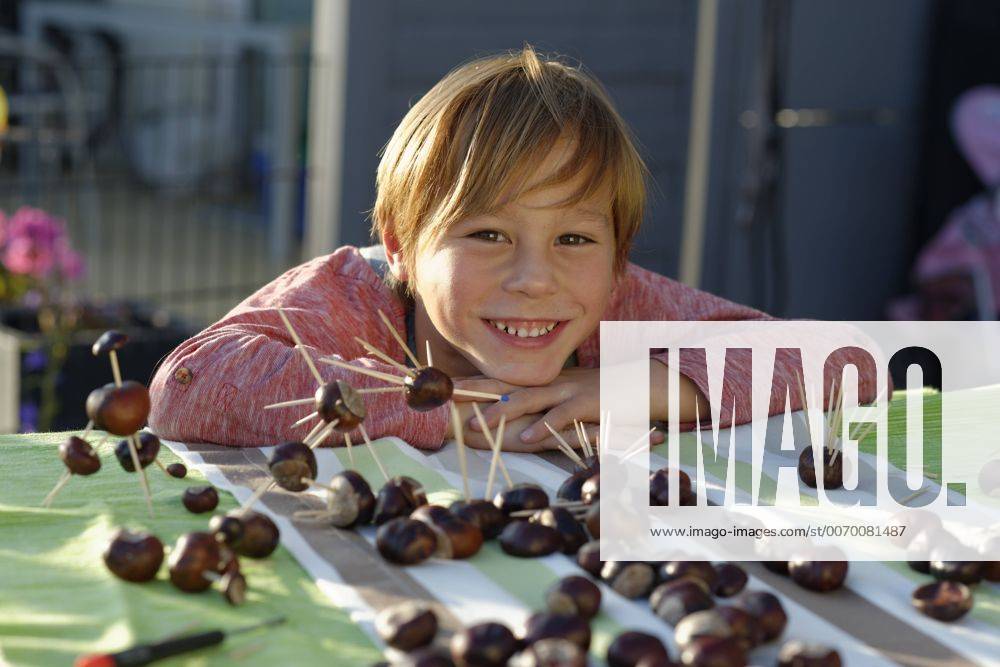 Portrait of happy little boy with tinkered chestnut figurines model released Symbolfoto LBF001390
