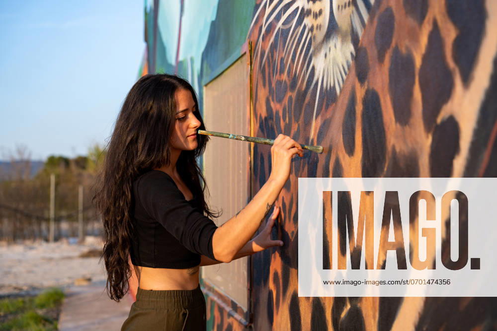 Artist painting a detailed leopard mural on a sunny day Villena, Valencian Community, Spain CR_CRBL240619-1461177-01 ,model released, Symbolfoto ,property released