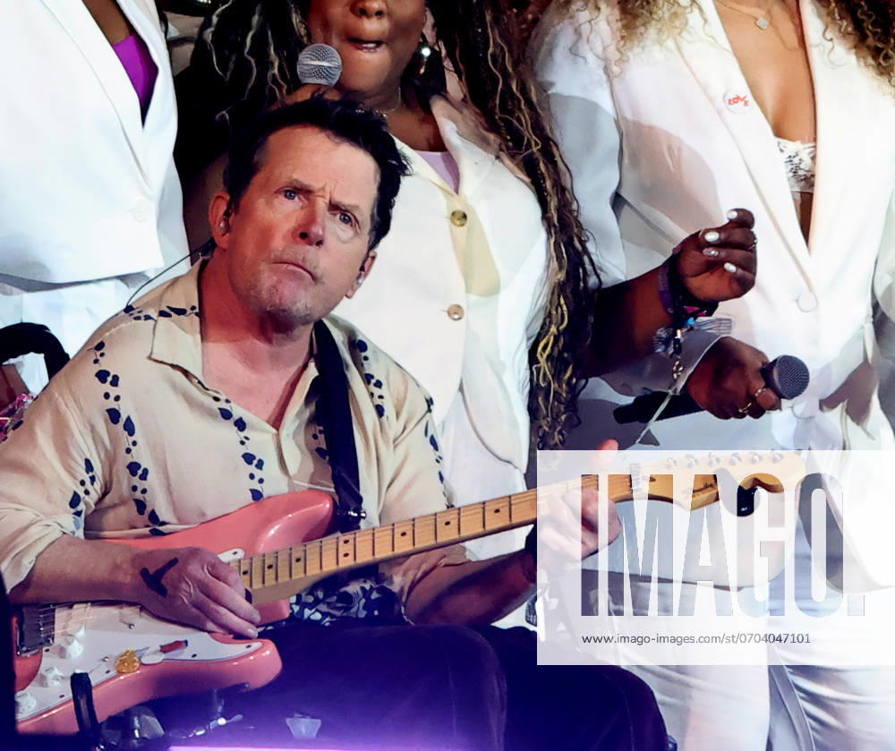 Michael J. Fox makes a surprise stage appearance with Coldplay at Glastonbury Festival 2024 at Worthy Farm. Featuring: Michael J. Fox When: 29 Jun 2024 Credit: CelebrityPhotosUK Cover Images . NOT FOR USE BY NEWSPAPERS BASED IN THE UK.