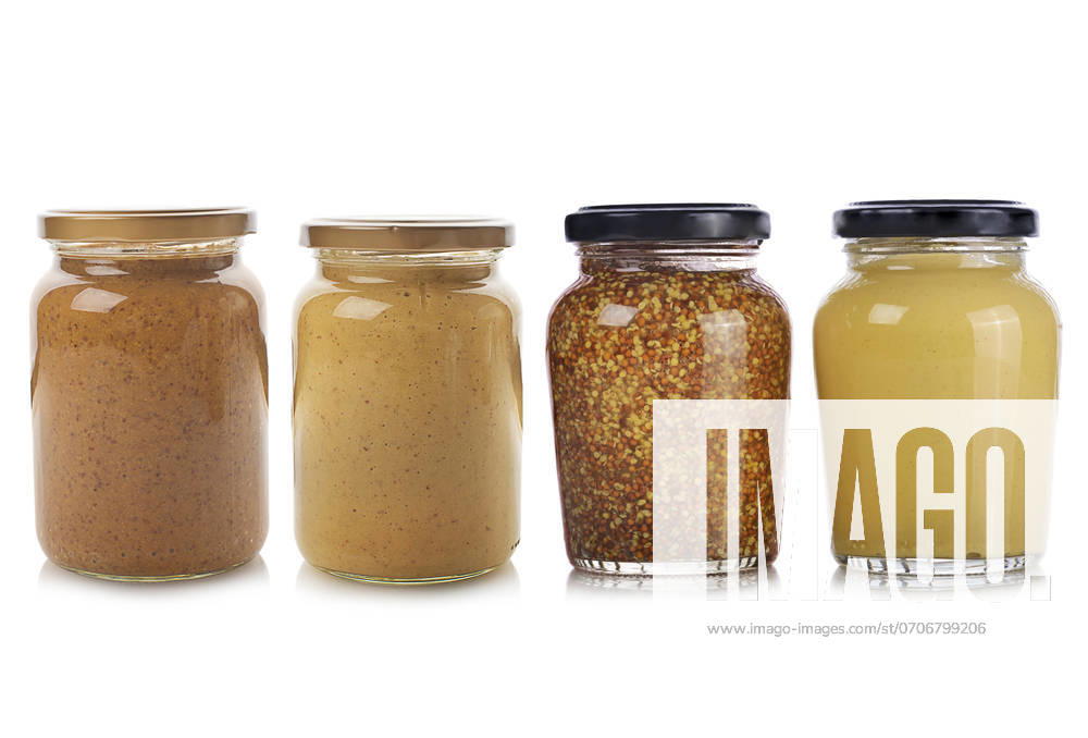 Bottles of Mustard isolated on white background.Yellow mustard,whole grain mustard,stone ground dijon,sweet mustard. ,model released, Symbolfoto