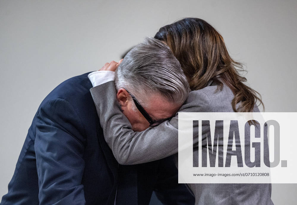 American movie star, actor and producer ALEC BALDWIN, 66, in tears of relief as he hugs his wife HILARIA, 40, leaving First District Court during a break in the trial against him, in Santa Fe, Friday. Baldwin was on trial for the charge of involuntary manslaughter related to the death of cinematographer Hutchins during the filming of the movie Rust in 2021. The judge in Baldwin s involuntary manslaughter trial dismissed the case Friday, after finding that the prosecutors had withheld and hid evidence. Santa Fe USA - ZUMAab1_ 20240712_zaf_ab1_008