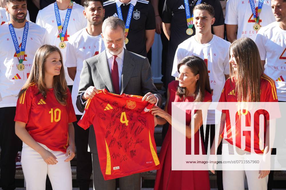 Spanish King Felipe VI and Queen Letizia de Borbon with Princess Leonor and Infanta Sofia de Borbon at a reception to honour the Spain Soccer team after their victory in the UEFA Euro Germany 2024 in Madrid on Modany, 15 July 2024. Cordon Press