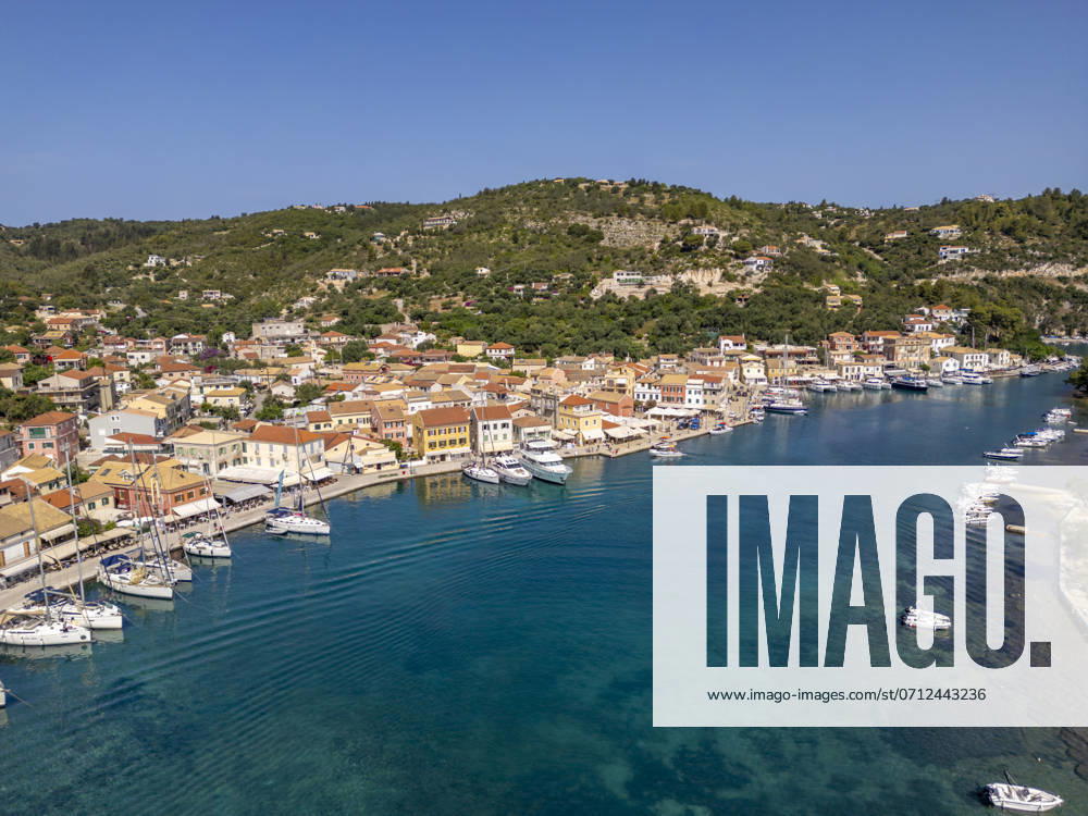 Aerial view of Gaios, the main port and harbour on the island of Paxos, Paxos, Ionian Islands, Greek Islands, Greece, Europe