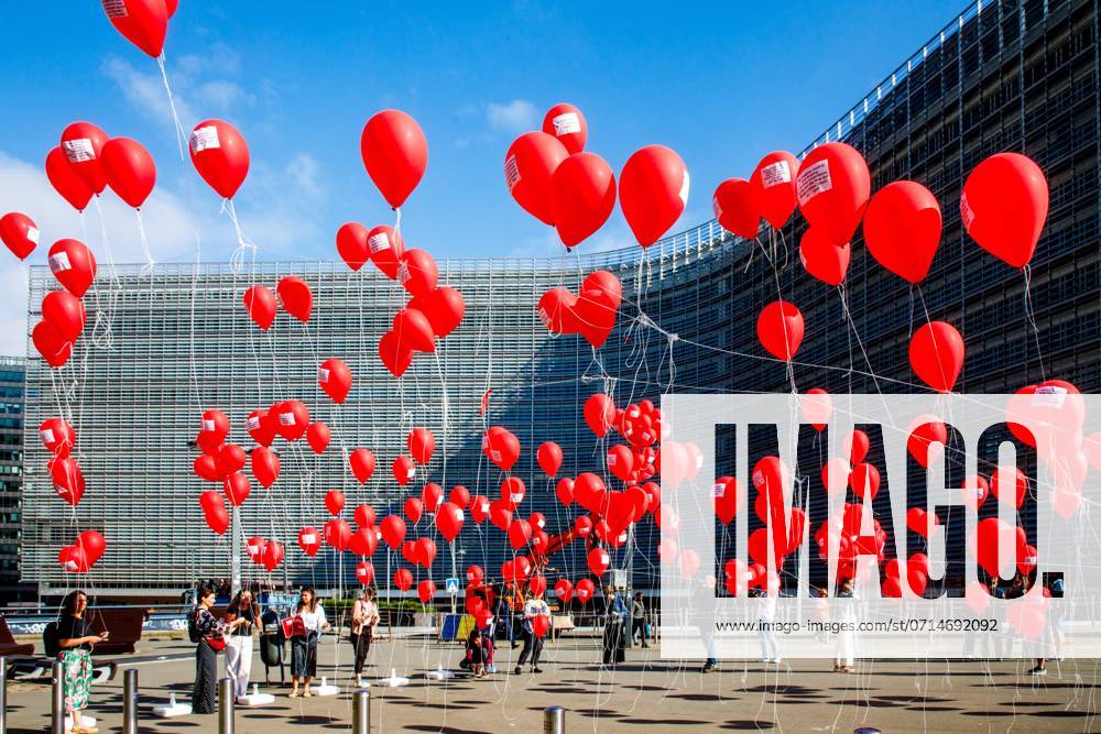 FOCUS COVERAGE REQUESTED TO BELGA A protest action is organized by Handicap International to demand a ceasefire in Gaza and support Palestinian citizens, Monday 22 July 2024 in Brussels. The activists released 290 balloons in front of the European Council building, where a European summit is also taking place at that moment. Each balloon symbolizes 1 day of the war and contains a testimony or name of a victim. HATIMxKAGHAT 96871148