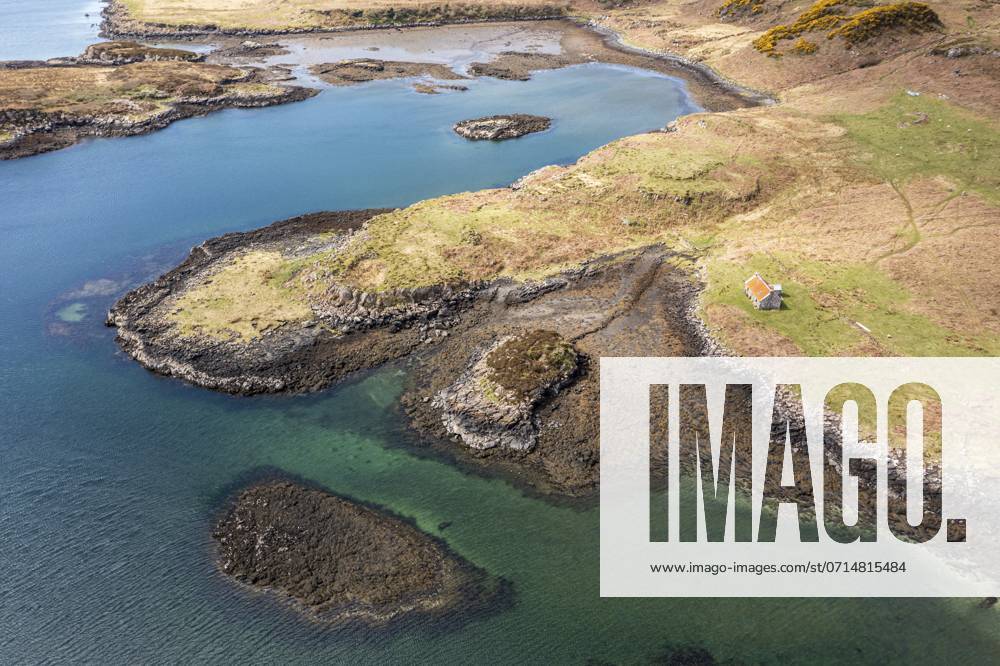 Bothy hat, Coastline of Iceland Ulva, WEST of Isle of Gauze, Aerial view, Scotland, UK