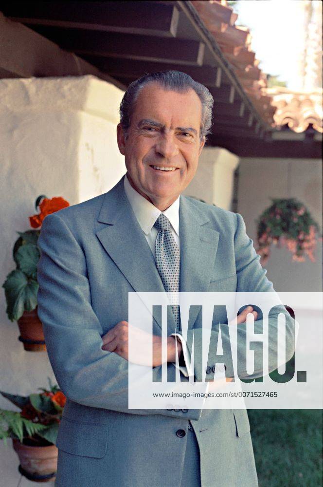 San Clemente, CA, United States of America - U.S President Richard Nixon casual standing portrait in light blue suit at his home for Look Magazine July 9, 1972 in San Clemente, California. San Clemente United States of America - ZUMAp138