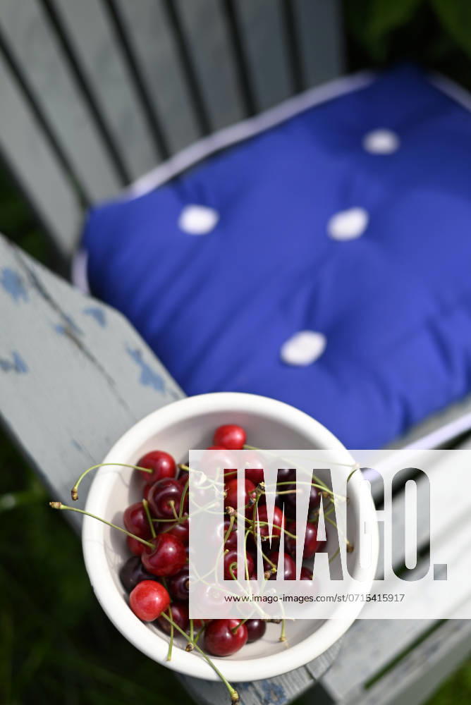 IMAGO Creative, Jahreszeit Sommer, Kirschen Bowl of cherries kept on chair, Hamburg Hamburg Deutschland Altes Land GISF01107