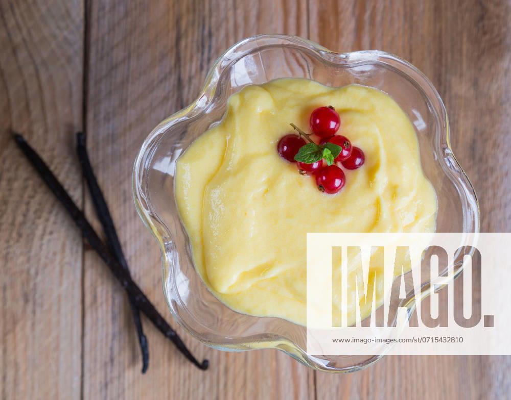 Vanilla cream dessert with vanilla bean and currant.. Vanilla cream dessert with vanillabean and currant ,model released, Symbolfoto